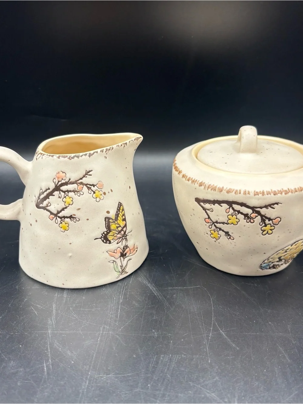 Spectrum Designz Sugar Bowl Creamer Plate Set Bunny Butterfly Flowers Farmhouse